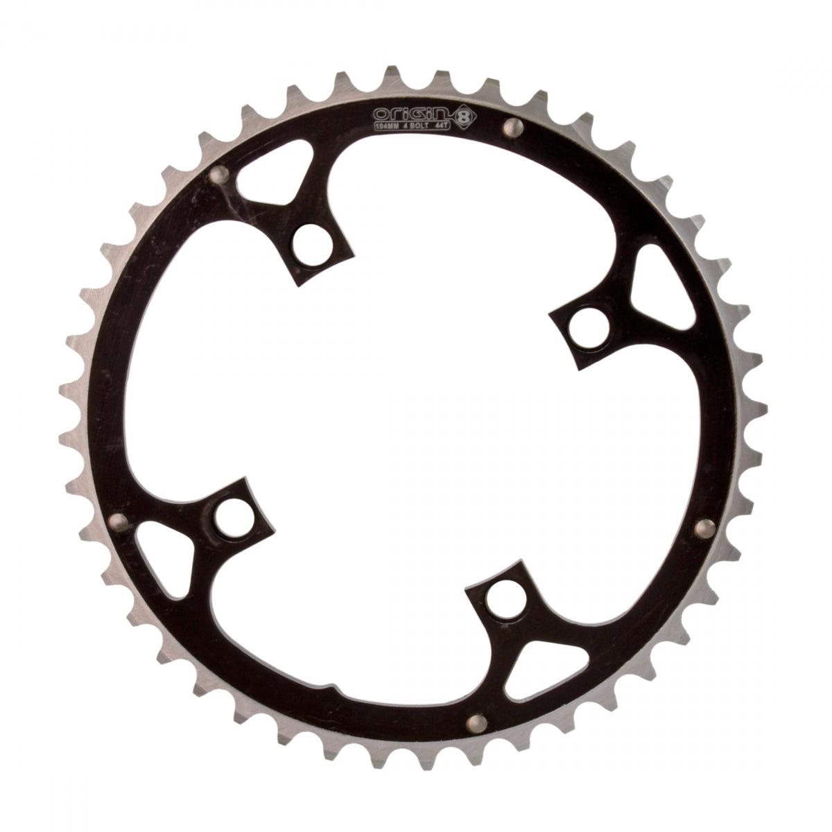 Origin8 Alloy Ramped Chainring, 104mm, 4-Bolt, 44T, Black/Silver