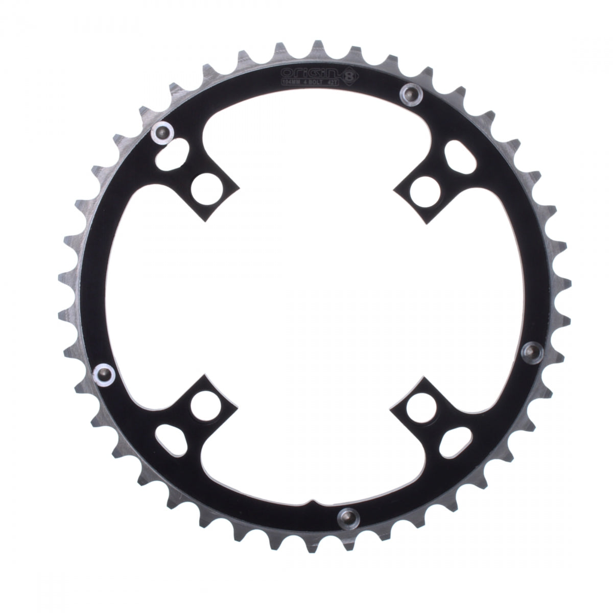 Origin8 Alloy Ramped Chainring, 104mm, 4-Bolt, 46T, Black/Silver