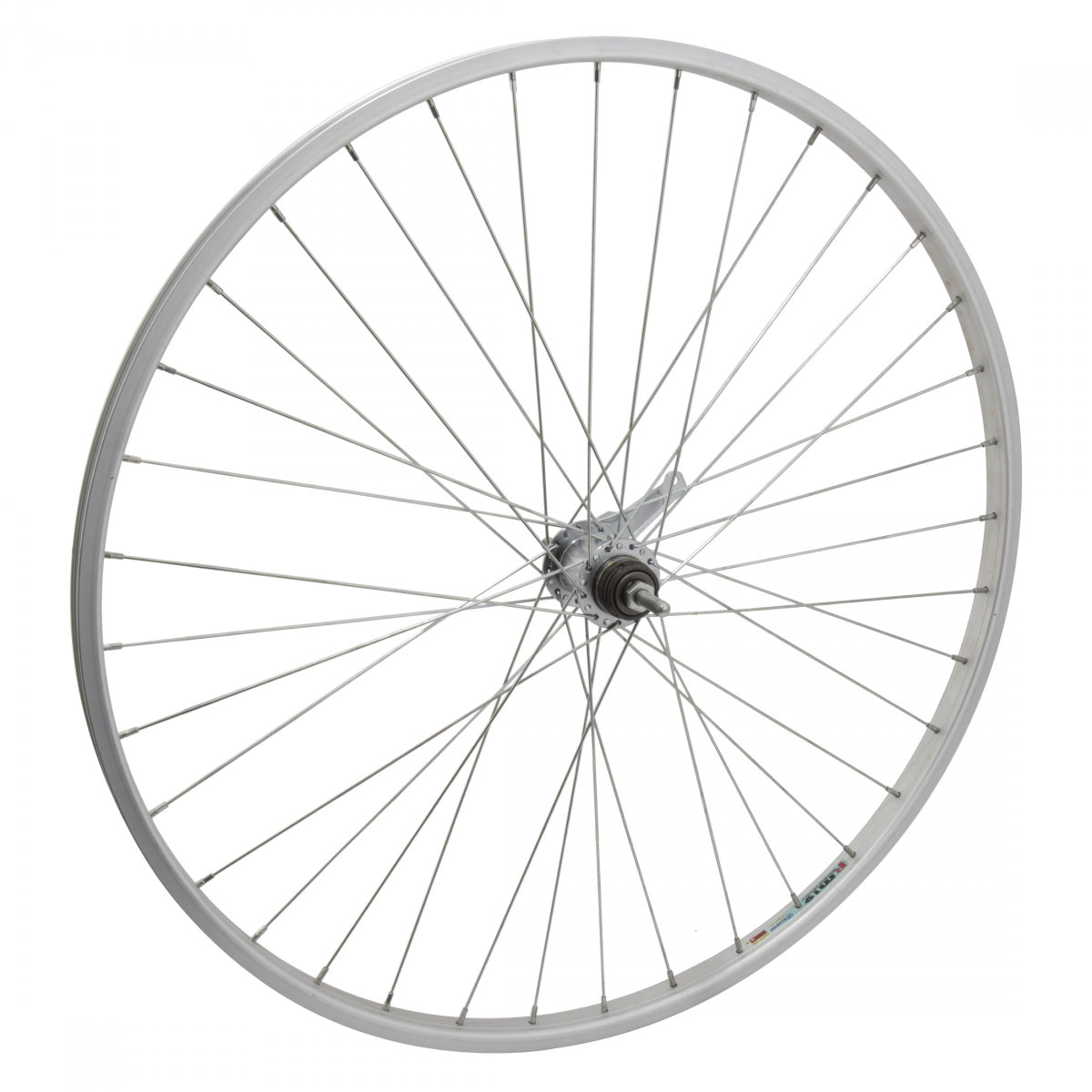 Wheel Master 27"x1-1/4 Alloy Urban Single Speed Rear Wheel, 630x19, Alloy Silver Rim, 36H, Shimano E110 Silver Hub, Coaster Brake, 110mm O.L.D., 14g UCP Spokes, with trim kit