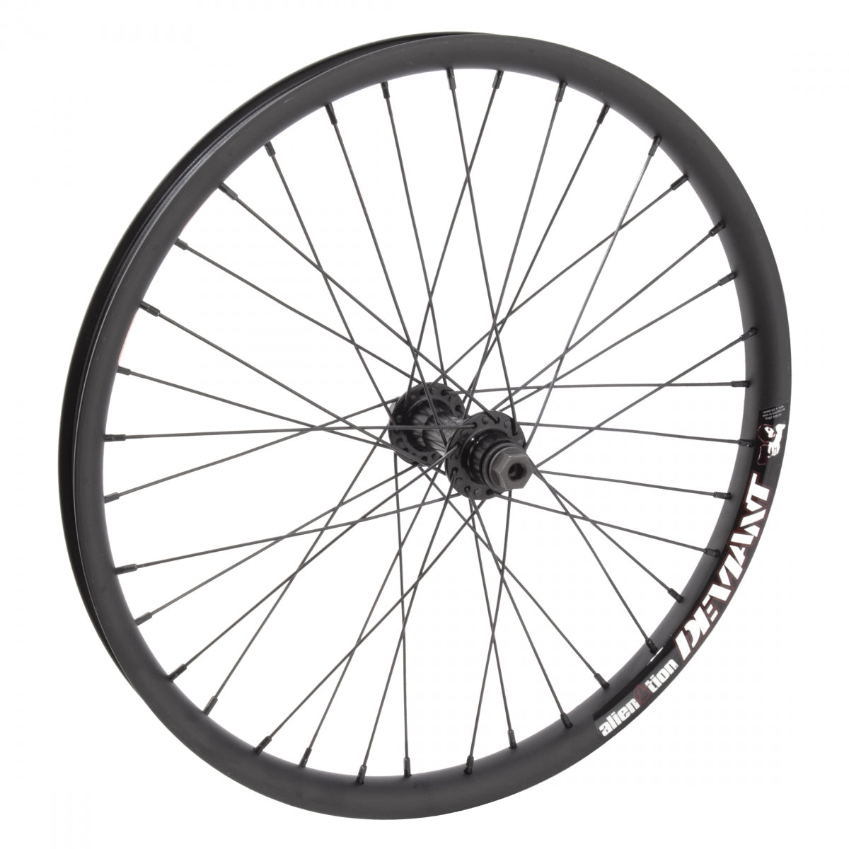 Alienation 20" x 1.75" BMX Front Wheel, 406x25, Alienation Deviant G69 Black Rim, 36H, Alienation Tinman 100mm Black Hub, B/O 3/8 AX Largee, Brakeless, DT Swiss 2.0/1.8x12mm Black Spokes