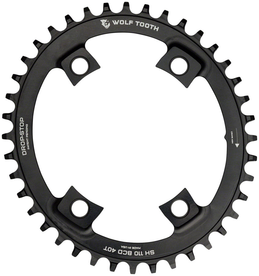 Wolf Tooth Elliptical Shimano 110 Asymmetric BCD Chainring - 38t, 110 Asymmetric BCD, 4-Bolt, Drop-Stop, For Shimano Cranks, Black