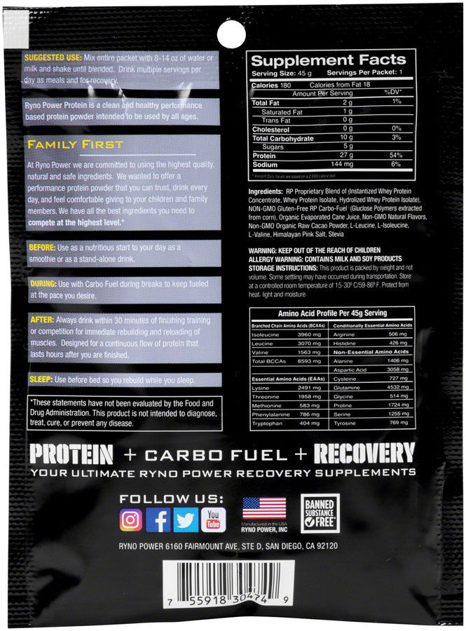 Ryno Power Premium Whey Protein Powder - Chocolate, Single Serving