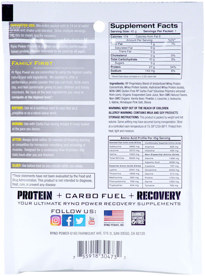 Ryno Power Premium Whey Protein Powder - Vanilla, Single Serving