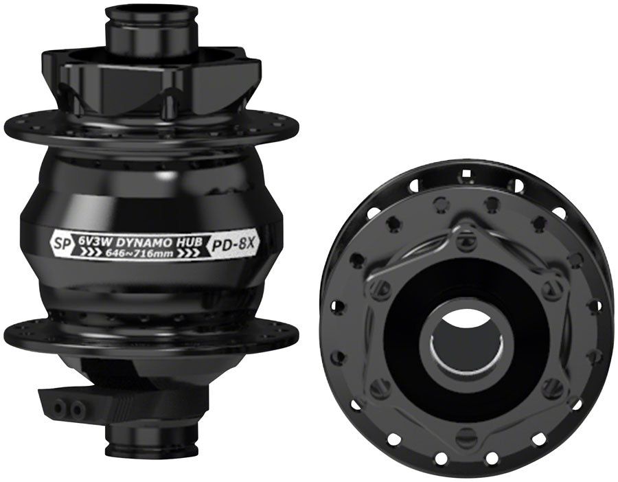 SP 8X Series Dynamo Front Hub - PD-8X 6V- 3W, 15 x 100mm, 6-Bolt, 32H, Black