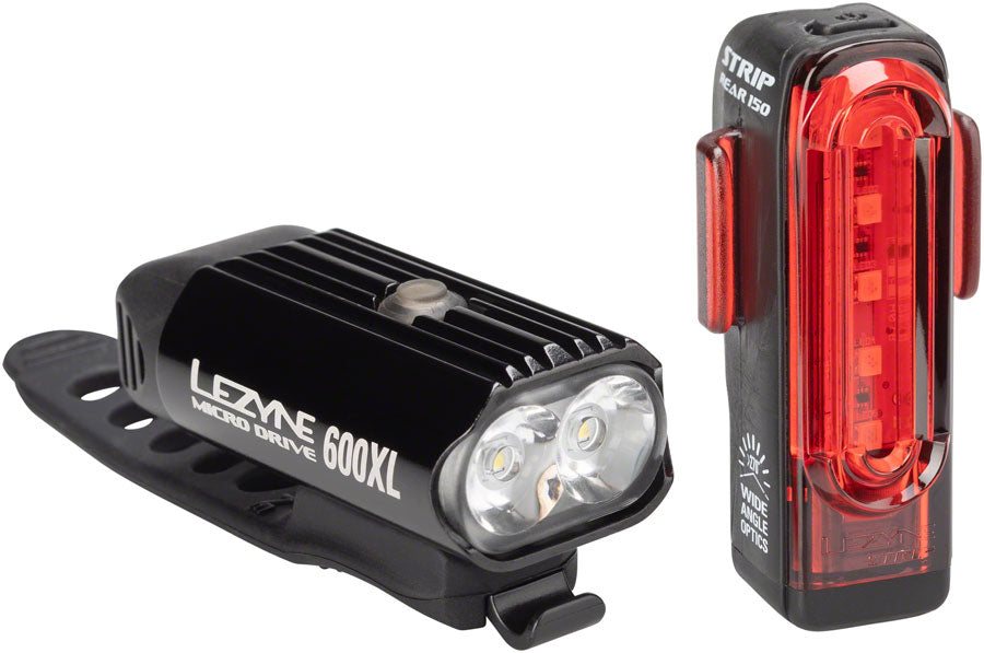 Lezyne Micro Drive 600XL and Strip Drive Headlight / Taillight Set - Gloss Black