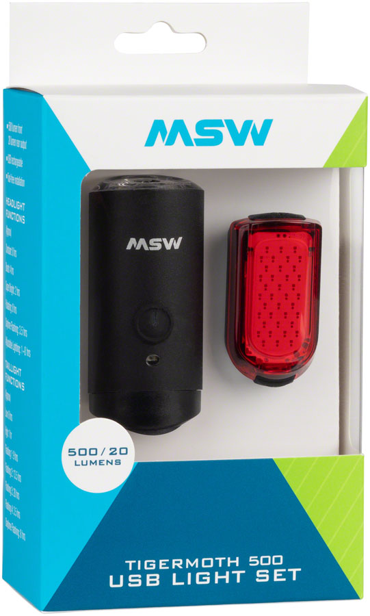 MSW Tigermoth 500 USB Lightset, 500 Lumen Headlight and 20 Lumen Taillight, Black