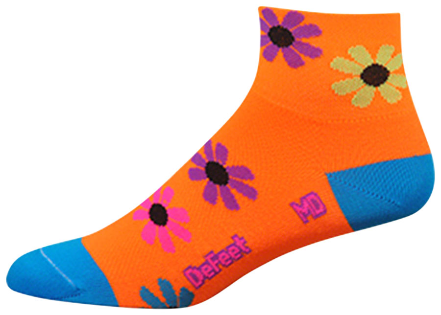 DeFeet Aireator Flower Power Socks - 2 inch, Hi-Vis Orange/Multi-Color, Women's, Large