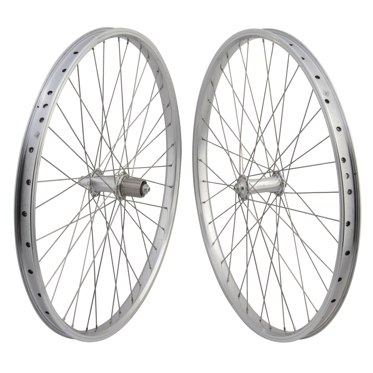 26" Mountain Bike Wheelset Rim Brake Polished Silver 36 Spoke, Shimano HG, Quick Release - SE Bikes 24mm rim - Loose ball hubs