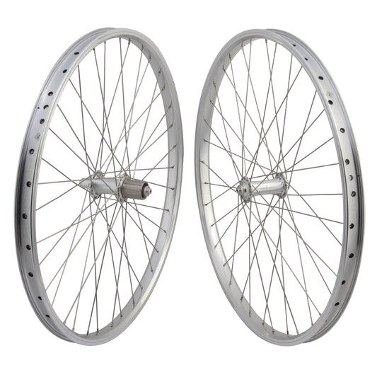 26" Mountain Bike Wheelset Rim Brake Polished Silver 36 Spoke, Shimano HG, Quick Release - SE Bikes 24mm rim - Loose ball hubs