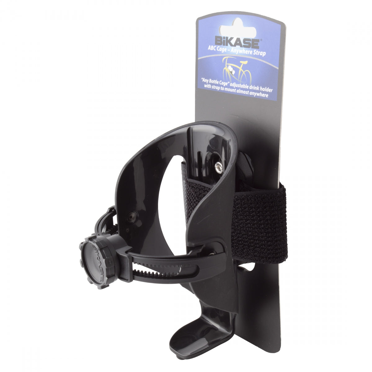 BOTTLE CAGE BIKASE ABC ADJUSTABLE DRINK HOLDER w/18in ANYWHERE STRAP BK