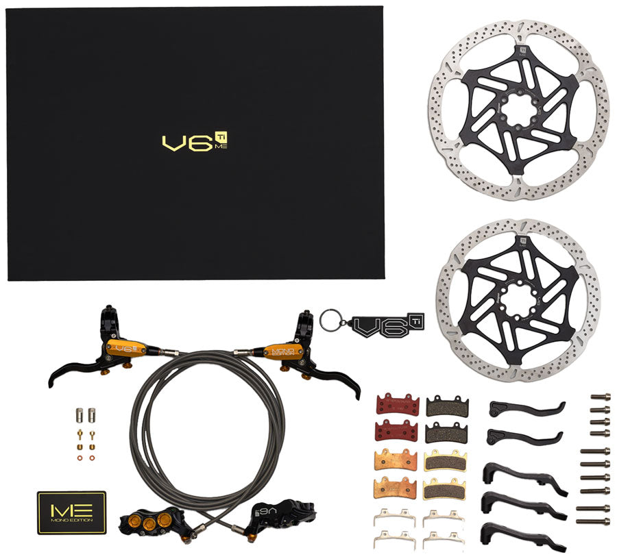 Hope EVO V6Ti Ltd Mono Edition Complete Disc Brake Boxset - Levers, 6-Piston Calipers, Vented Rotors, Hoses, Pads, Hardware, Black/Gold