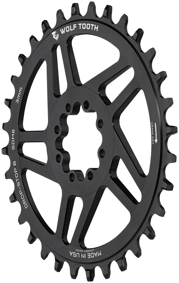 Wolf Tooth Direct Mount Chainring - 30t, SRAM Direct Mount, Drop-Stop B, For SRAM 8-Bolt Cranksets, 3mm Offset, Black