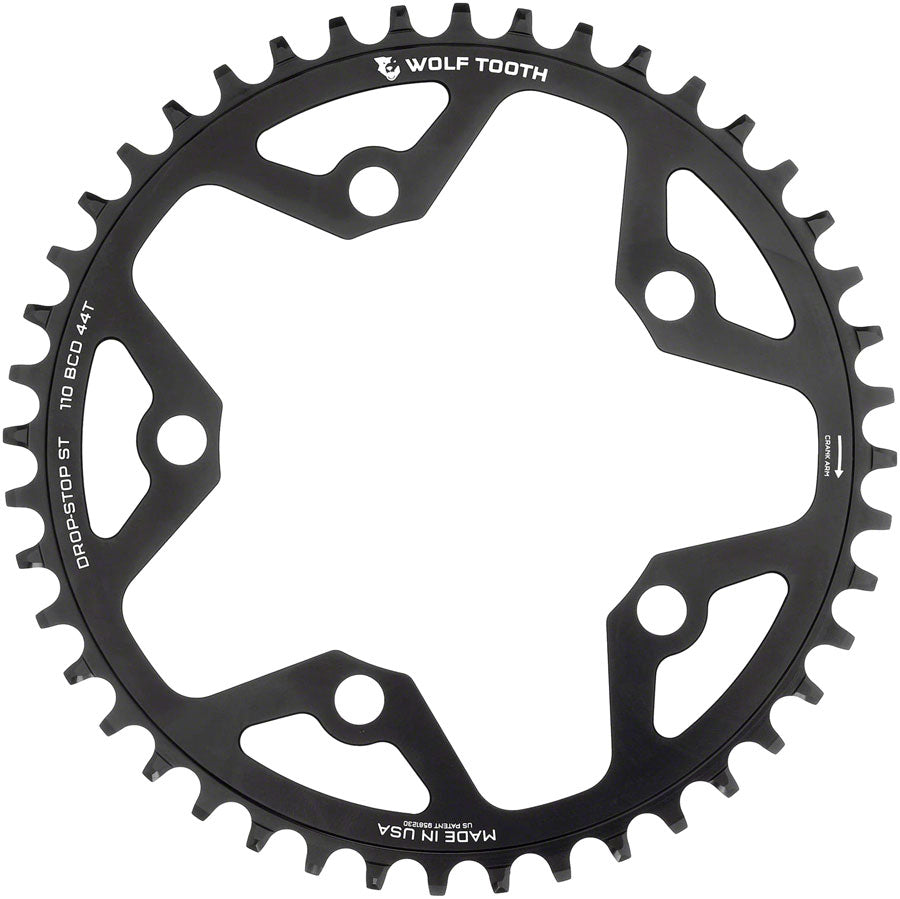 Wolf Tooth 110 BCD Gravel, CX and Road Chainring - 44t, 110 BCD, 5-Bolt, Drop-Stop ST, For Shimano HG+ and KMC 12-Speed Chains, Black
