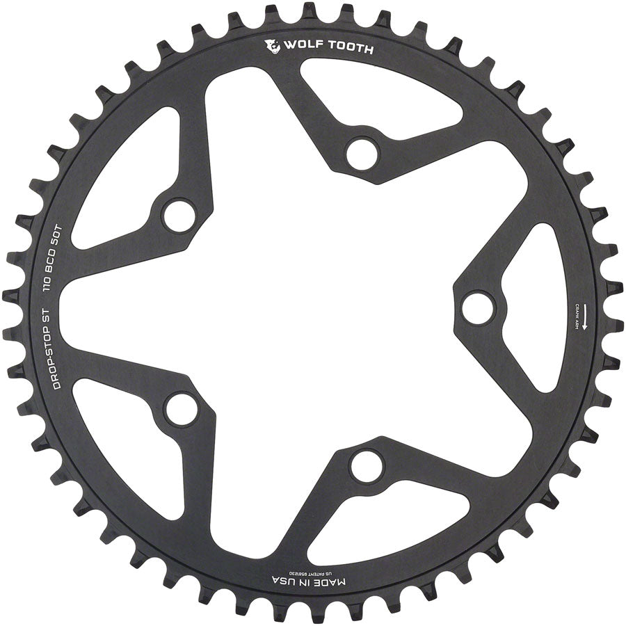 Wolf Tooth 110 BCD Gravel, CX and Road Chainring - 50t, 110 BCD, 5-Bolt, Drop-Stop ST, For Shimano HG+ and KMC 12-Speed Chains, Black