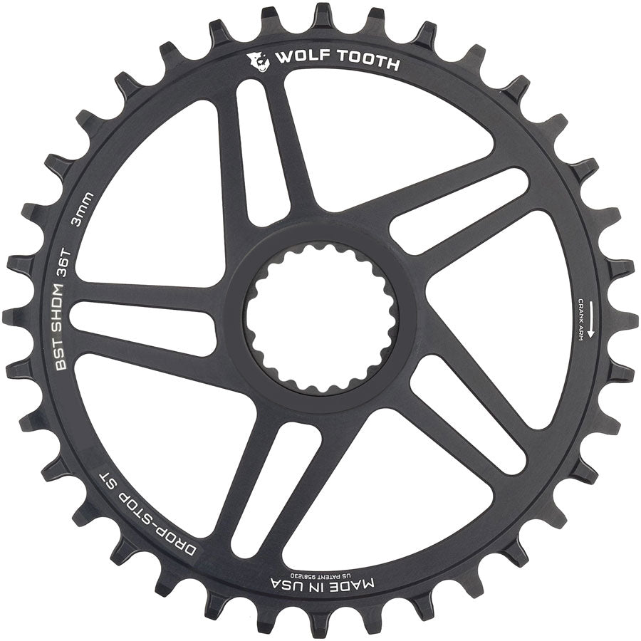 Wolf Tooth Direct Mount Chainring - 36t, Shimano DM, For Boost Cranks, 3mm Offset, Drop-Stop ST, Requires 12-Speed HG+ Chain, Black