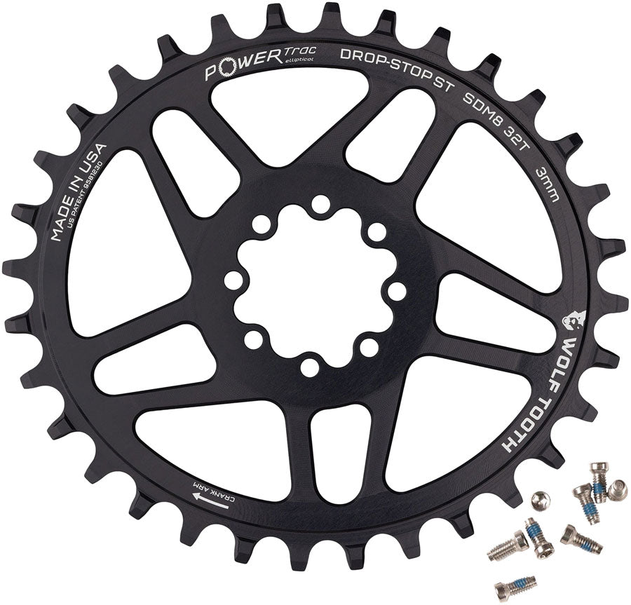 Wolf Tooth Elliptical Direct Mount Chainring - 32t, SRAM 8-Bolt DM, 3mm Offset, Drop-Stop ST, Requires HG+ Chain, Black