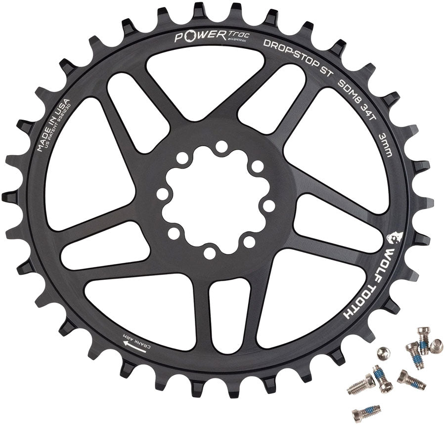 Wolf Tooth Elliptical Direct Mount Chainring - 34t, SRAM 8-Bolt DM, 3mm Offset, Drop-Stop ST, Requires HG+ Chain, Black