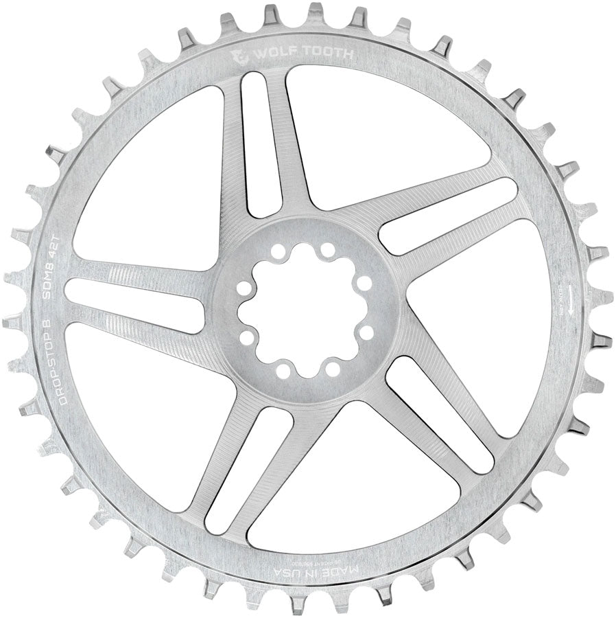 Wolf Tooth Direct Mount Chainring - 42t, SRAM Direct Mount, Drop-Stop B, For SRAM 8-Bolt Cranksets, 6mm Offset, Raw Silver
