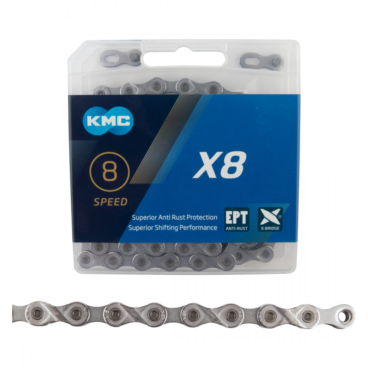 KMC X8EPT EcoProTeQ Chain for eBike, 8-Speed, 1/2" x 3/32" x 116-Link, Silver