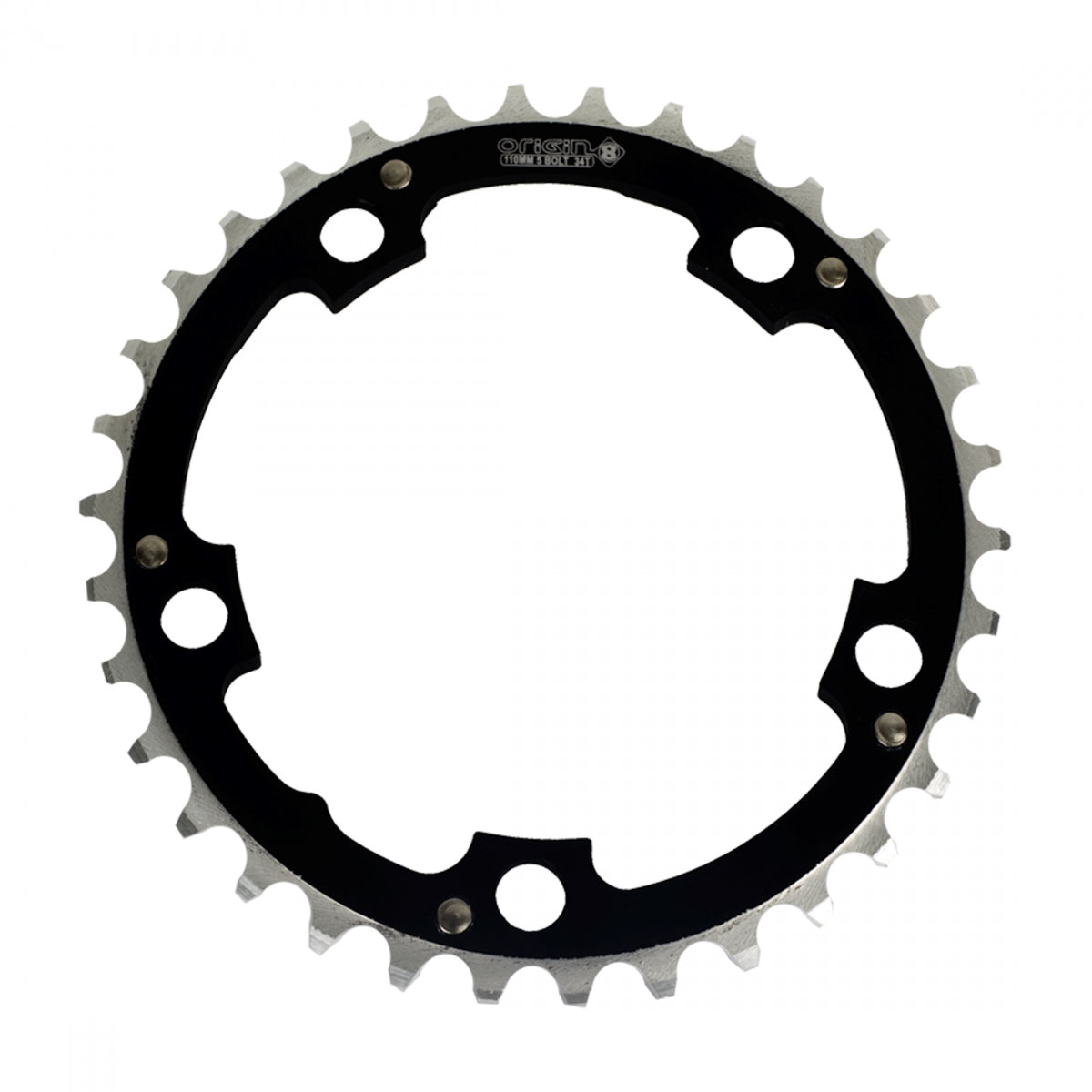 Origin8 Alloy Ramped Chainring, 110mm, 5-Bolt, 34T, Black/Silver