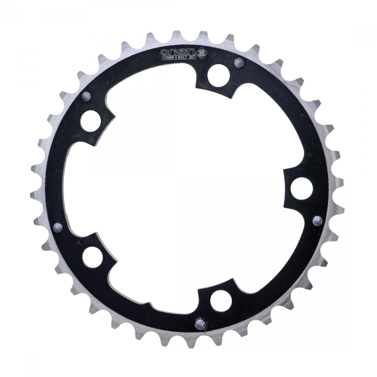 Origin8 Alloy Ramped Chainring, 110mm, 5-Bolt, 36T, Black/Silver