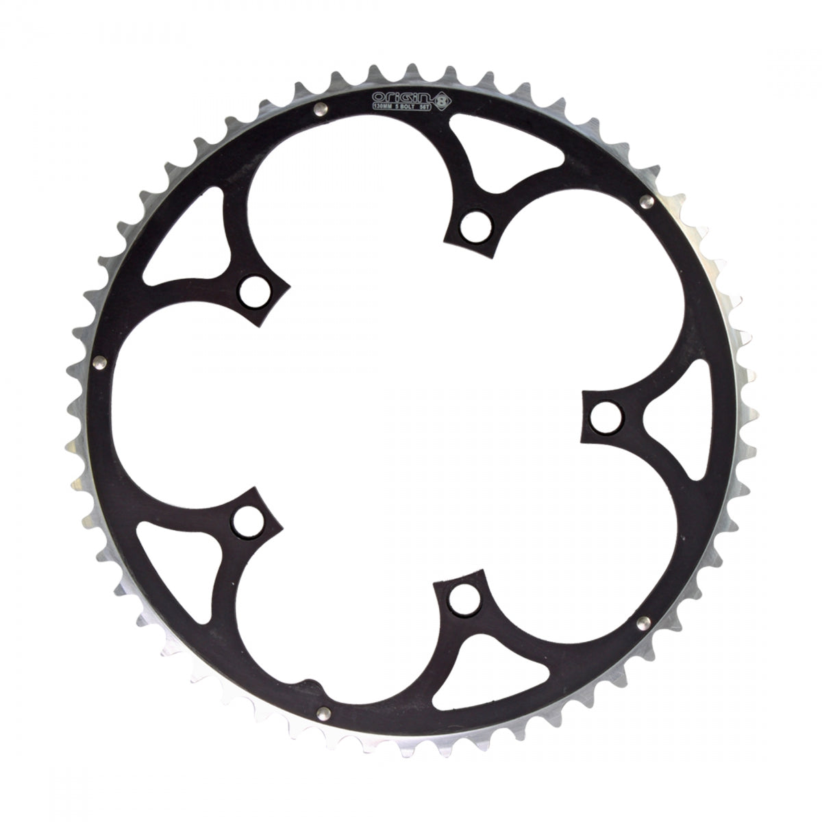 Origin8 Alloy Ramped Chainring, 130mm, 5-Bolt, 56T, Black/Silver