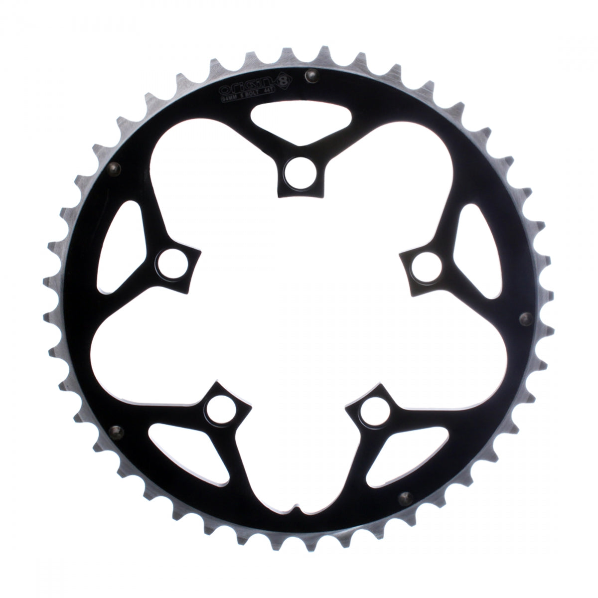 Origin8 Alloy Ramped Chainring, 94mm, 5-Bolt, 44T, Black/Silver