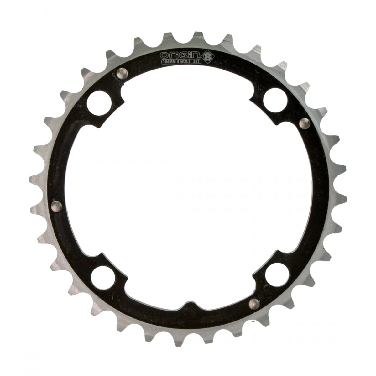 Origin8 Alloy Ramped Chainring, 104mm, 4-Bolt, 32T, Black/Silver