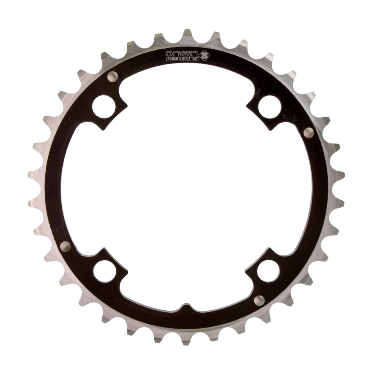 Origin8 Alloy Ramped Chainring, 104mm, 4-Bolt, 34T, Black/Silver