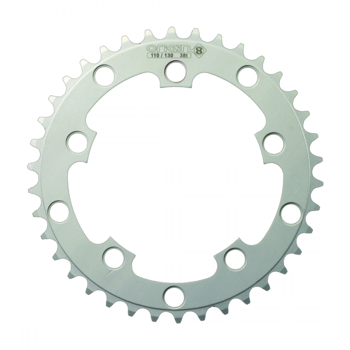 Origin8Â Single Speed Chainring, 10H, 38T, 110mm/130mm Mount, 1/2" x 3/32", Silver