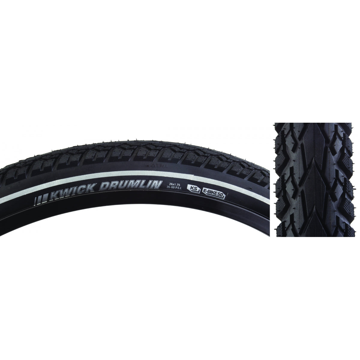 Tire Ken Kwick Drumlin Sport 26X1.75 Black/Bk/Ref Src/Ks/60 Wire 60Psi E50