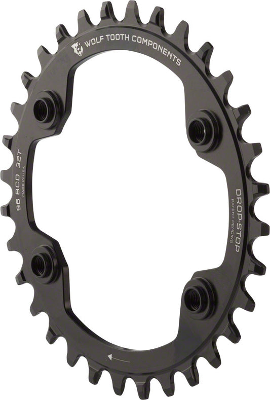 Wolf Tooth 96 BCD Chainring - 32t, 96 Asymmetric BCD, 4-Bolt, Drop-Stop, For Shimano XTR M9000 and M9020 Cranks, Black