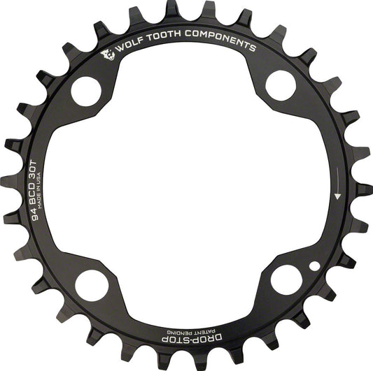 Wolf Tooth 94 BCD Chainring - 30t, 94 BCD, 4-Bolt, Drop-Stop, For SRAM Cranks, Black