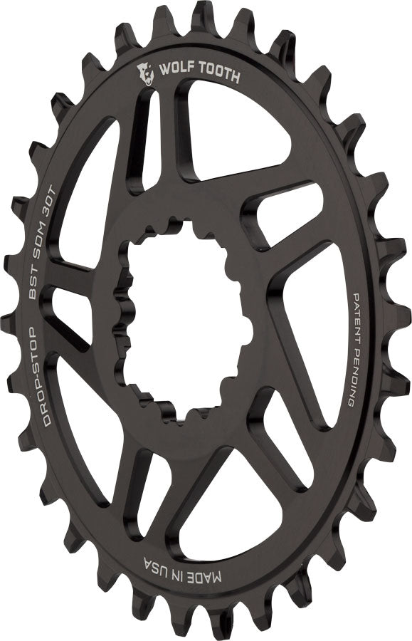 Wolf Tooth Direct Mount Chainring - 30t, SRAM Direct Mount, Drop-Stop, For SRAM 3-Bolt Boost Cranks, 3mm Offset, Black