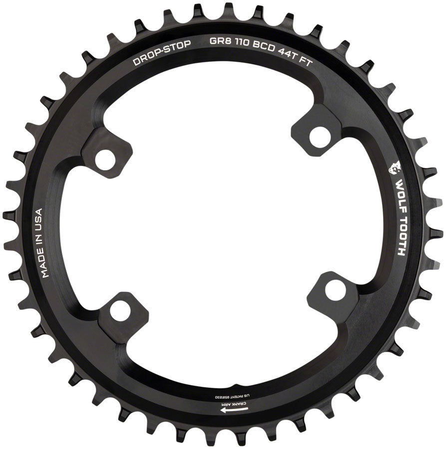 Wolf Tooth Shimano 110 Asymmetric BCD Chainring - 46t, 110 Asymmetric BCD, 4-Bolt, Drop-Stop Flattop, For Shimano GRX Cranks, Black