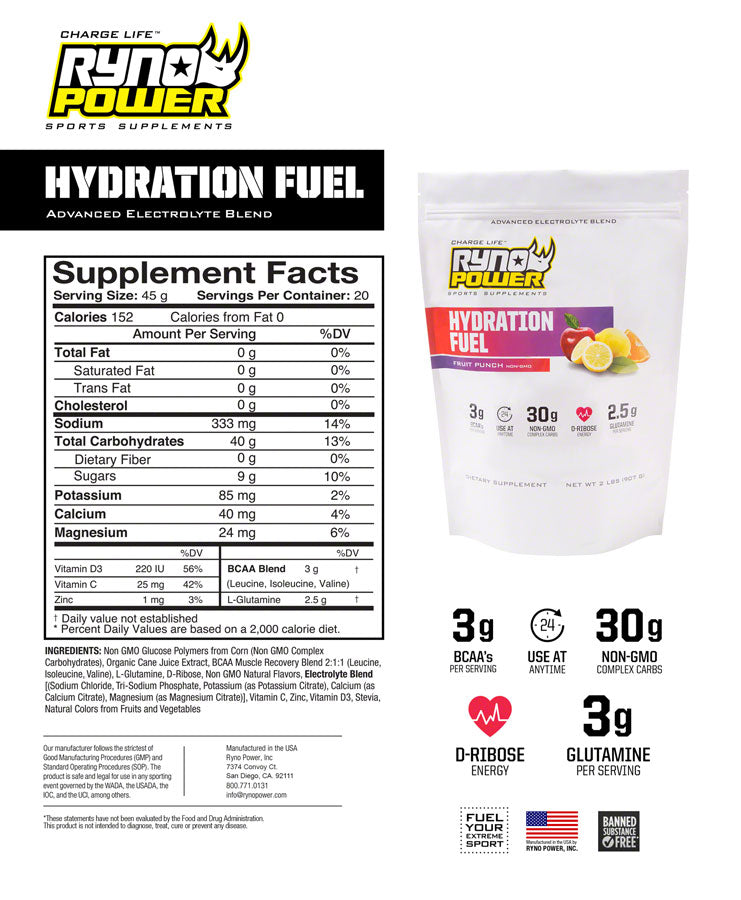 Ryno Power Hydration Fuel Drink Mix - Fruit Punch, 20 Servings (2 lbs.)