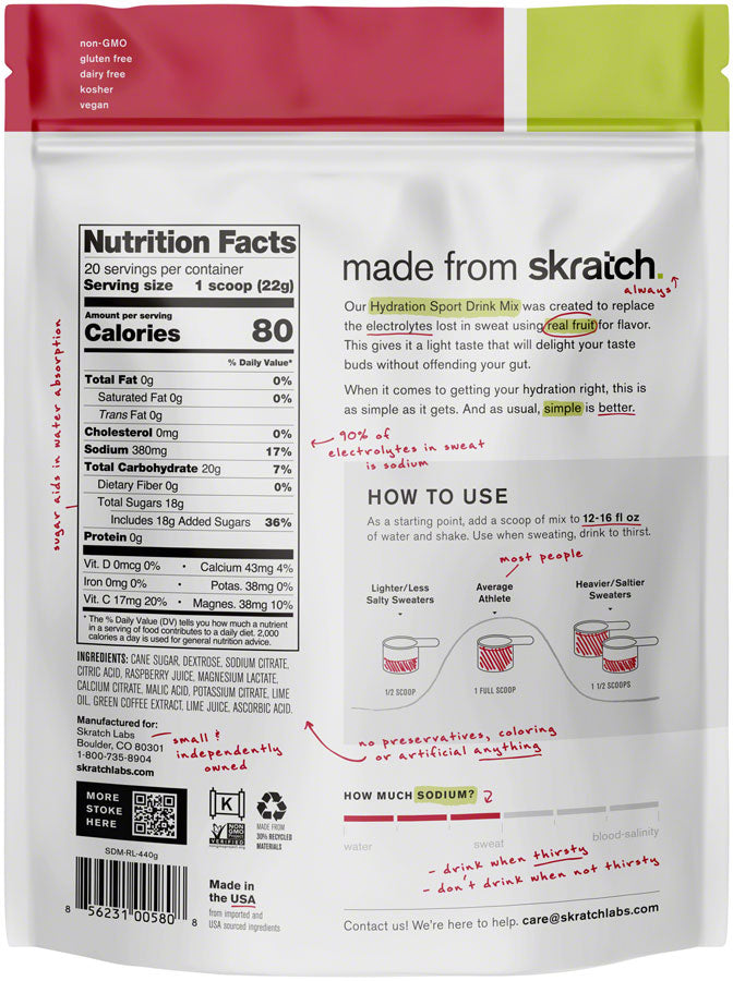 Skratch Labs Sport Hydration Drink Mix - Raspberry Limeade, With Caffiene, 20-Serving Resealable Pouch