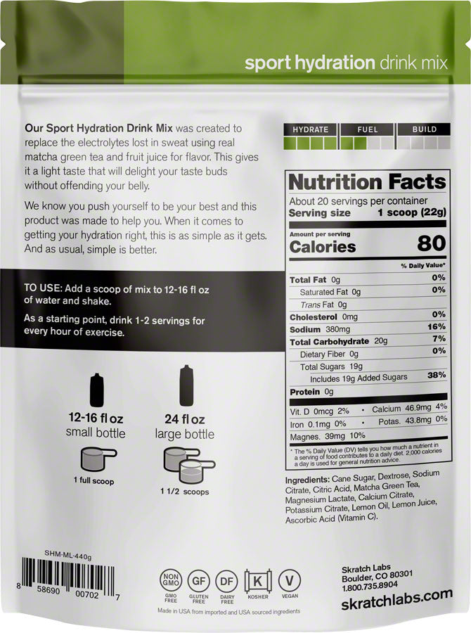 Skratch Labs Sport Hydration Drink Mix: Matcha Green Tea and Lemons, 20-Serving Resealable Pouch