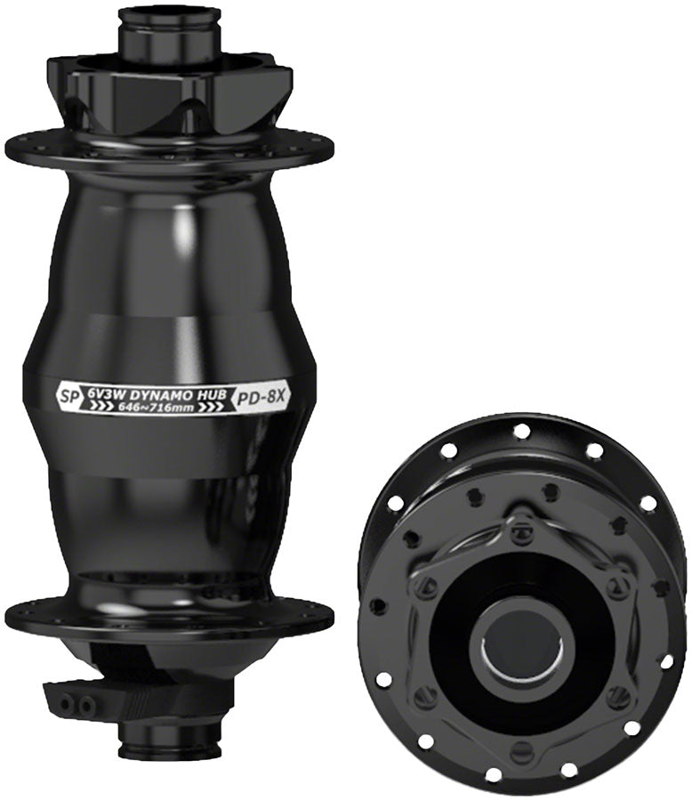 SP 8X Series Dynamo Front Hub - PD-8X-150 6V- 3W, 15 x 150mm, 6-Bolt, 32H, Black