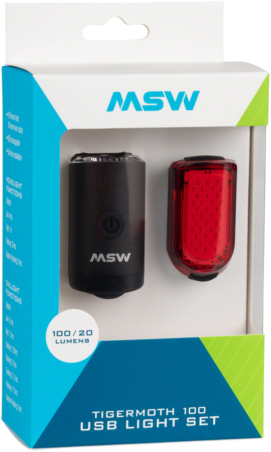 MSW Tigermoth 100 USB Lightset, 100 Lumen Headlight and 20 Lumen Taillight, Black