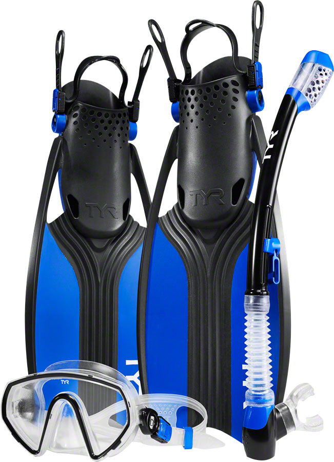 TYR Voyager Men's Mask and Snorkel Fin Set: Blue/Black LG, Shoe Size 10.5 - 13