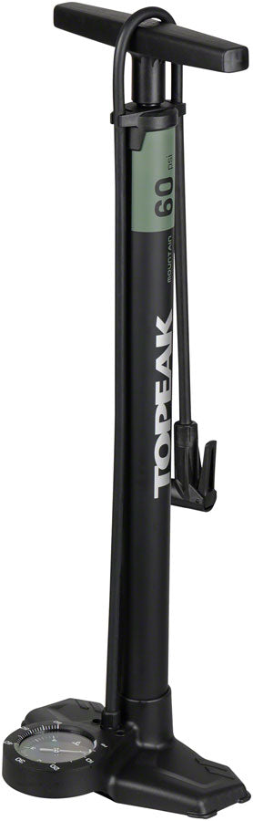 Topeak Joeblow Mountain Ex Floor Pump - Steel Barrel / Plastic Base, 3.5" Base Mount Gauge, 60 Psi /4 Bar, Smarthead, Black/Green