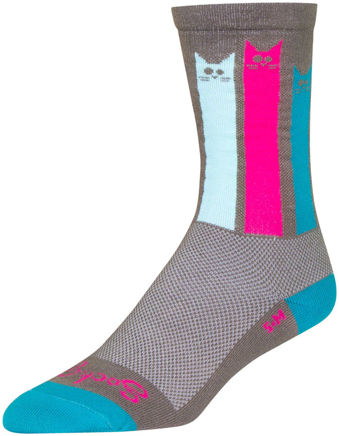 SockGuy Crew Felines Socks - 6 inch, Gray/Pink/Teal, Small/Medium