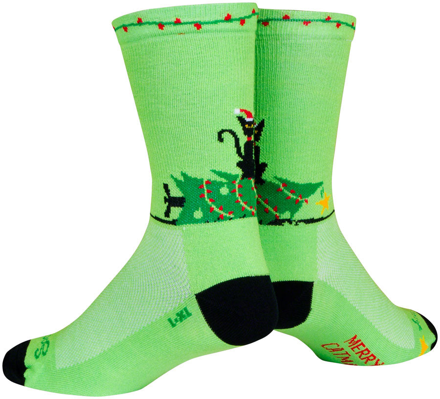 SockGuy Merry Catmas Crew Socks - 6 inch, Green/Black, Large/X-Large