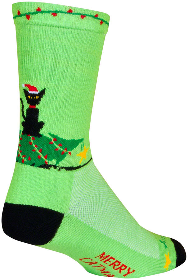 SockGuy Merry Catmas Crew Socks - 6 inch, Green/Black, Small/Medium