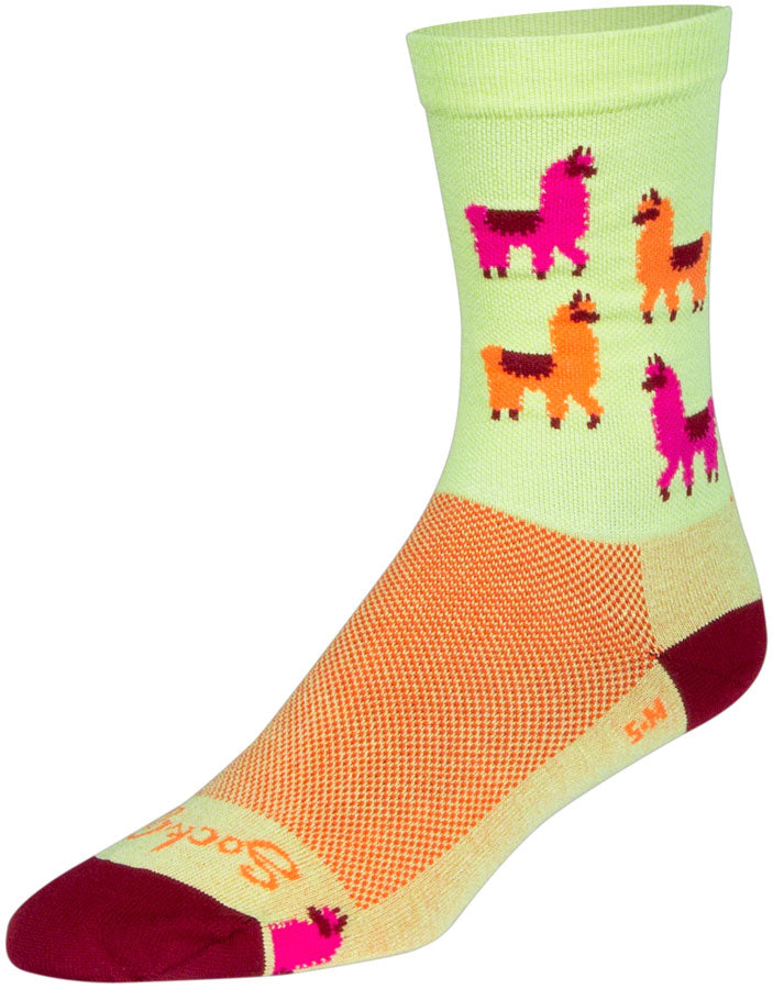 SockGuy Mo' Llamas Crew Socks - 6 inch, Green/Pink/Orange, Small/Medium