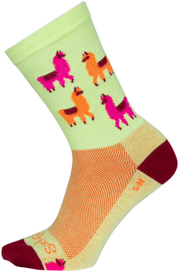 SockGuy Mo' Llamas Crew Socks - 6 inch, Green/Pink/Orange, Small/Medium