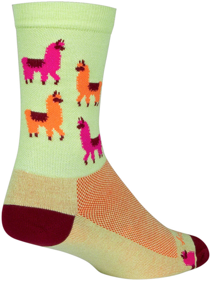 SockGuy Mo' Llamas Crew Socks - 6 inch, Green/Pink/Orange, Small/Medium