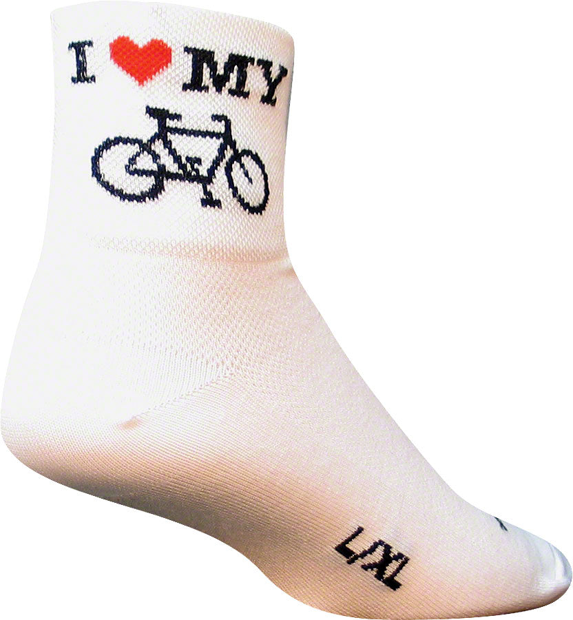 SockGuy Classic I Love My Bike Socks - 3 inch, White, Small/Medium