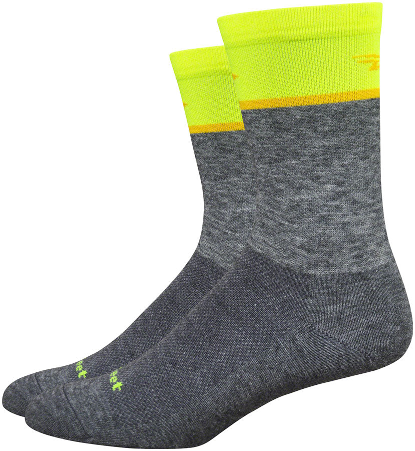 DeFeet Wooleator Comp Team DeFeet Socks - 6 inch, Gravel Gray/Hi-Vis Yellow, Small